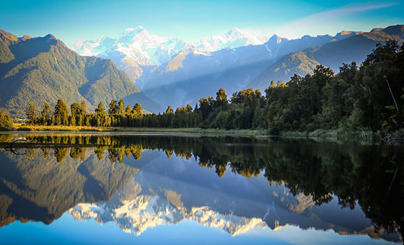 mountain-range, lake, forest, reflection, nature, snow-capped-mountains, landscape, clear-sky
