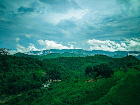 mountain-range, lush-green-hills, cloudy-sky, nature-landscape, forest, valley