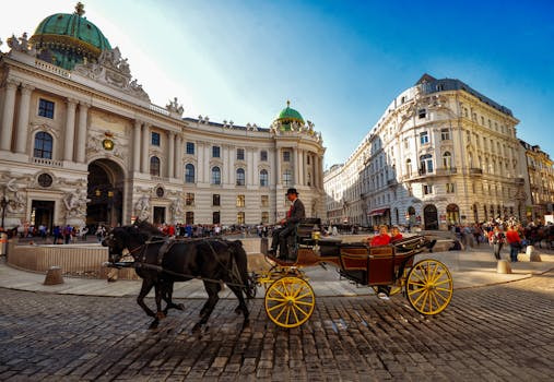 vienna, horse-carriage, historic-building, cityscape, cobblestone-street, tourist-attraction, travel-destination