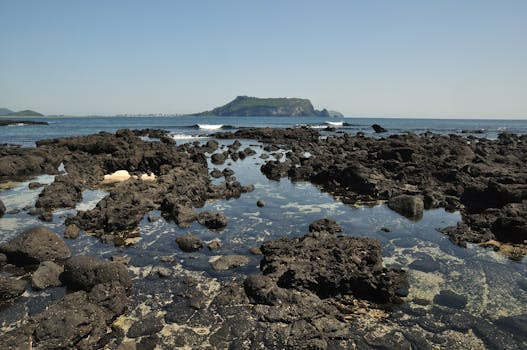 rocky-beach, ocean, island, seascape, volcanic-rock, tide-pools, clear-sky, nature